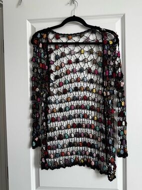 Black Crochet Open-Knit Cardigan with Multicolor Rosettes/Rhinestones/Beads